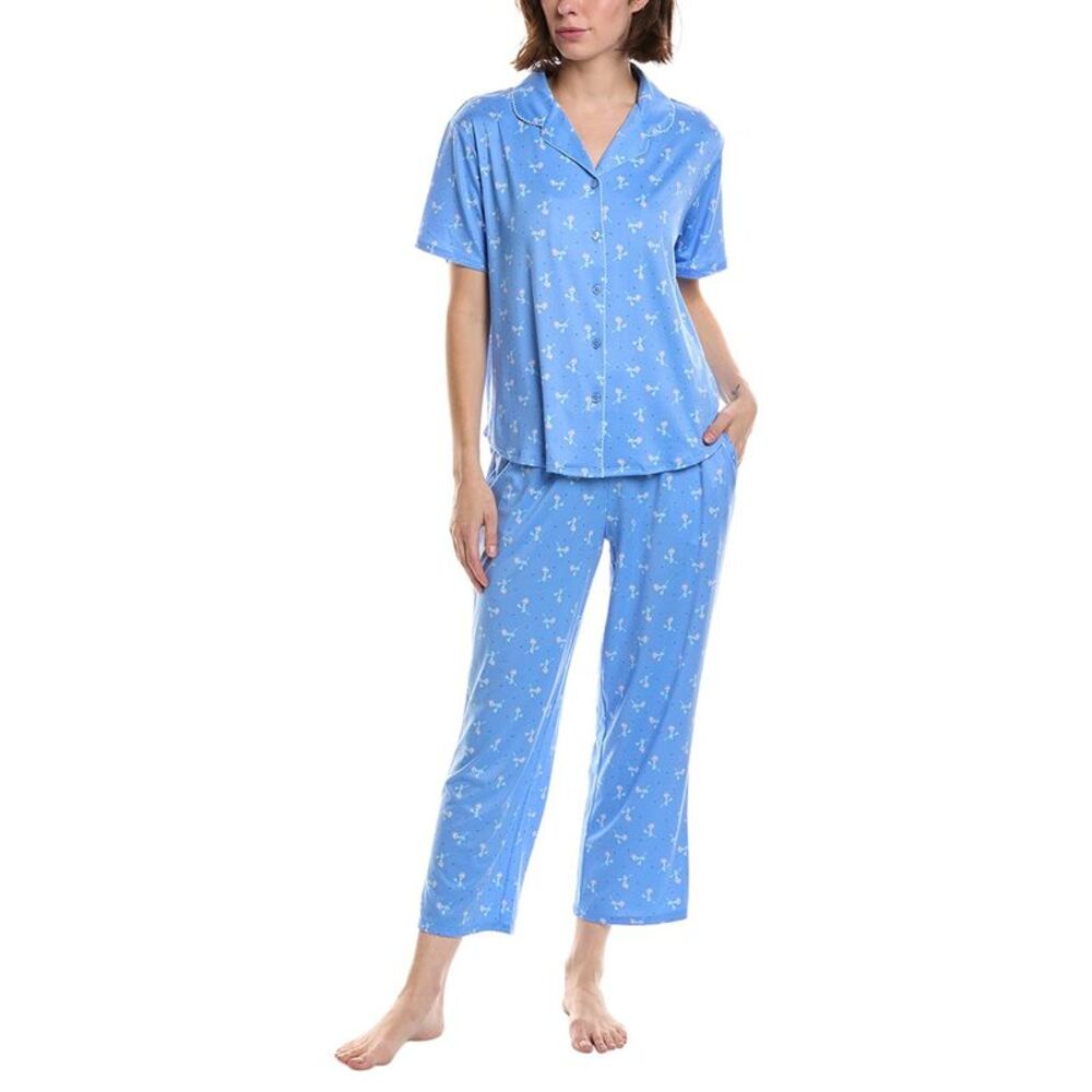 Flora By Flora Nikrooz Womens  2Pc Printed Knit Notch Collar Pajama Set, Blue